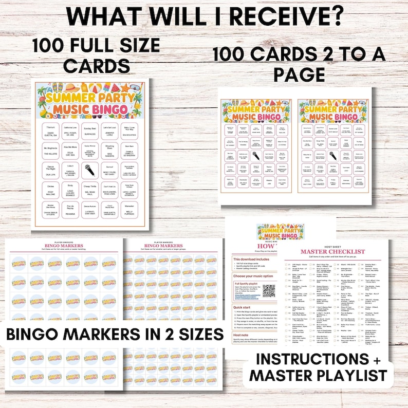 May include: A collection of printable summer party music bingo game materials. Includes 100 full-size cards, 100 cards 2 to a page, bingo markers in two sizes, and a master checklist. The game features a colorful design with the text "Summer Party Music Bingo".