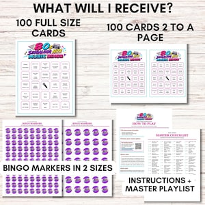May include: A digital music bingo game set titled 80s Singalong Hits Music Bingo. Includes 100 full-size cards, 100 cards formatted two per page, two sheets of circular bingo markers in different sizes, instruction sheets, and a master playlist.