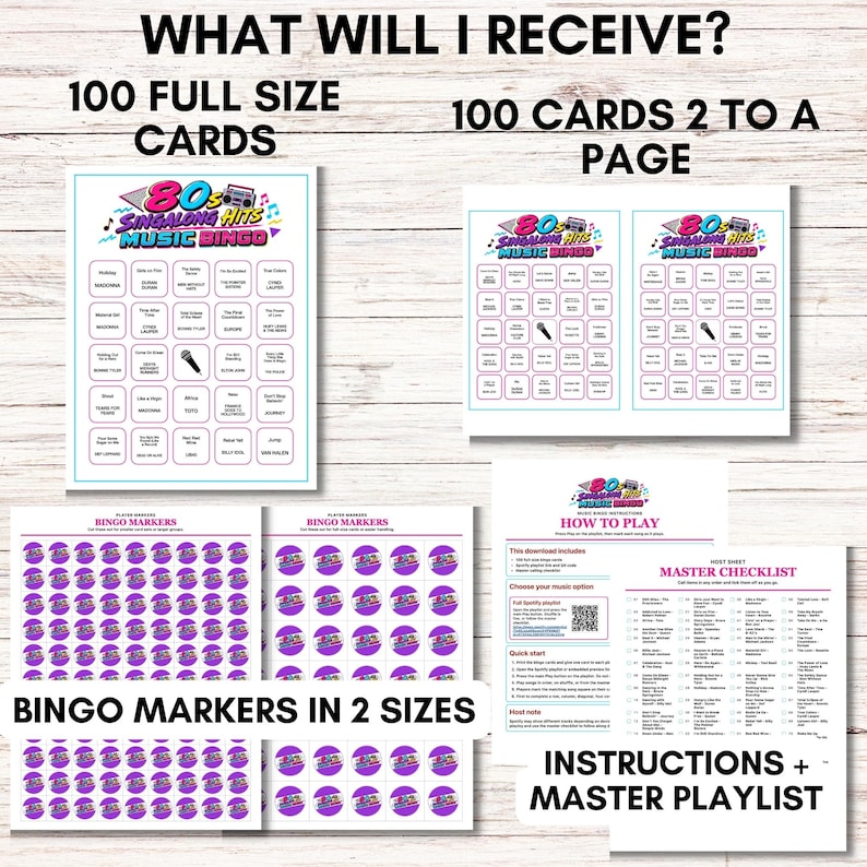 May include: A digital music bingo game set titled 80s Singalong Hits Music Bingo. Includes 100 full-size cards, 100 cards formatted two per page, two sheets of circular bingo markers in different sizes, instruction sheets, and a master playlist.