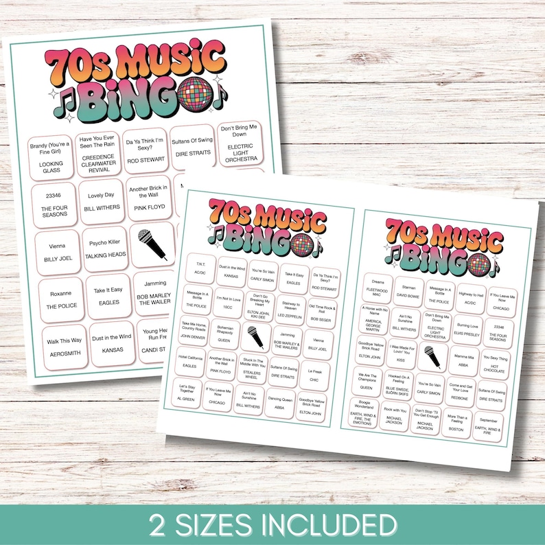 70s Music Bingo Game – 200 Printable Cards – Fun Party Activity with Spotify Playlist – Instant Download for Retro Themed Events