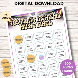 70s Party Anthems Music Bingo, 75 Songs, 300 Cards, Printable Retro Party Game
