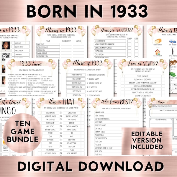 91st Birthday Party Games For Her, Born in 1933 Birthday, Printable Bundle, Instant Download, Editable, Personalize, Price Is Right, BP001