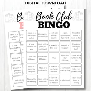 Puede incluir: Tarjeta de bingo imprimible en blanco y negro con el título "Book Club Bingo". La tarjeta tiene 25 casillas con diferentes indicaciones relacionadas con los libros, como "Un libro de un autor nuevo para ti", "Un libro con un título de una sola palabra" y "Un libro ambientado en otro país".