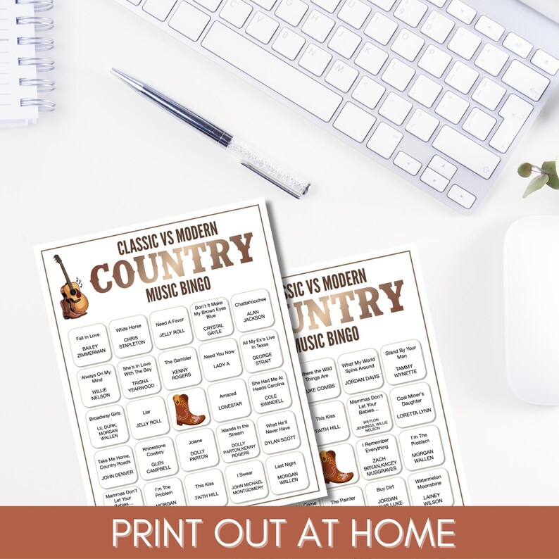Modern vs Classic Country Music Bingo – 100 Cards Printable Party Game