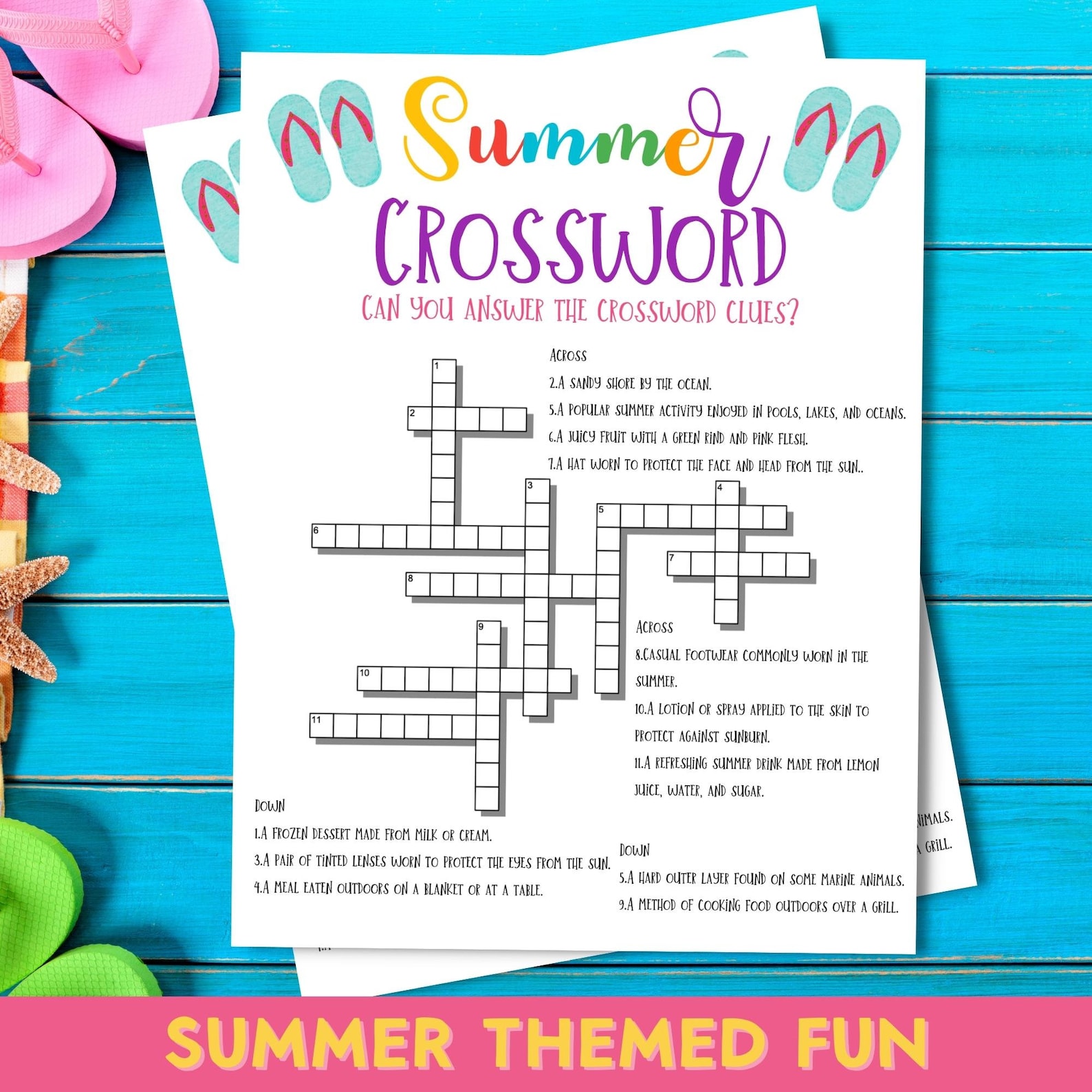 Summer Crossword Page Printable Activities Pool Party Etsy