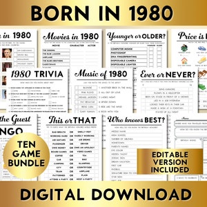 45th Birthday Party Games, Born in 1980, Printable 10 Game Bundle, Instant Download, Editable, Personalize, Music, Trivia, Guest Book BP001