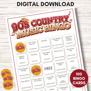 Bingo de música country dos anos 90, jogo de bingo para impressão, 100 cartas, jogo de festa dos anos 90, download instantâneo