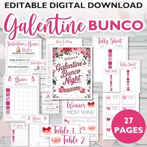 Hojas de puntuación del Bunco de Galentine, juego de Bunco imprimible, fiesta del día de Galentine, noche de juegos divertida en familia