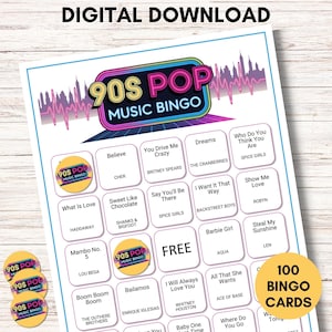 Bingo met popmuziek uit de jaren 90: 100 afdrukbare kaarten, leuk gezelschapsspel met Spotify-afspeellijst voor familiebijeenkomsten