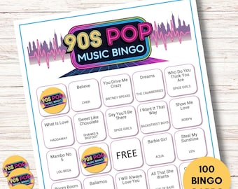90s Pop Music Bingo: 100 Printable Cards, Fun Party Game with Spotify Playlist for Family Gatherings