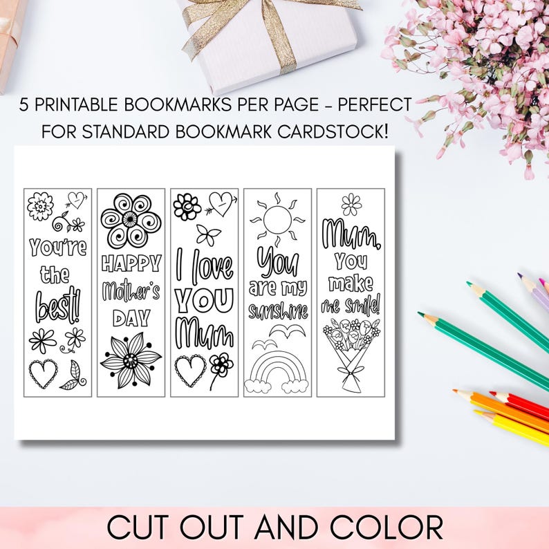 Mother's Day Coloring Bookmarks Printable – DIY Gift for Mom from Kids – 5 Per Page – Instant Download, Unique Mother's Day Craft