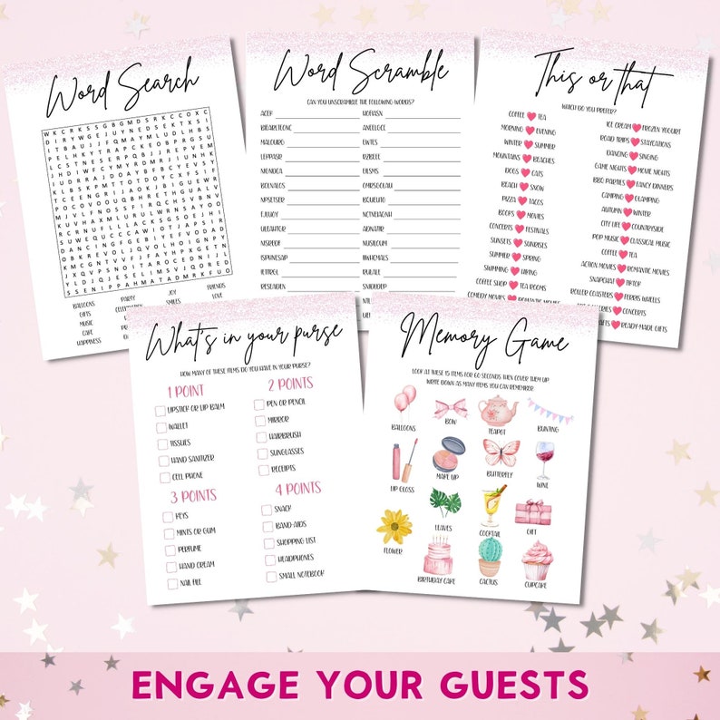 Birthday Games For Her, Editable Printable 20 Game Bundle, Modern Birthday Party Ideas, 21st, 30th, 50th, 60th, Personalize in Canva