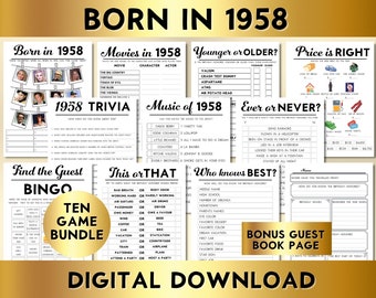 66th Birthday Party Games, Born in 1958, Printable 10 Game Bundle, Instant Download, Bingo, Price Is Right, Music, Trivia, Guest Book BP001