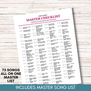 May include: A white paper host sheet titled MASTER CHECKLIST with a list of 75 songs numbered 01 through 75, each with a checkbox. The text is printed in black and pink ink, featuring song titles and artist names for a summer-themed music game.