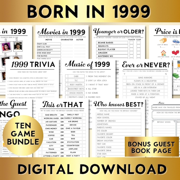 25th Birthday Party Games, Born in 1999, Printable 10 Game Bundle, Instant Download, Bingo, Price Is Right, Music, Trivia, Guest Book BP001