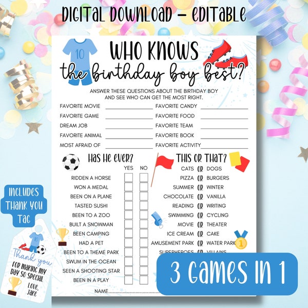 Soccer Birthday Party Game, Who Knows The Birthday Boy Best, Editable Printable, Teens Tweens Birthday Party Games, Would He Rather, Quiz