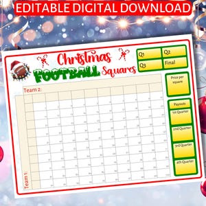 May include: A printable Christmas football squares game board with a festive red and green color scheme. The board is divided into 100 squares, numbered 1 to 100. There are sections for team 1 and team 2, as well as sections for the quarters of the game and the final score. The board also includes a section for the price per square and payouts for each quarter.