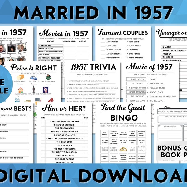 Printable 67th Wedding Anniversary Party Games, Married in 1957, Sapphire Wedding 10 Game Bundle, Instant Download, Icebreaker, Guest Book