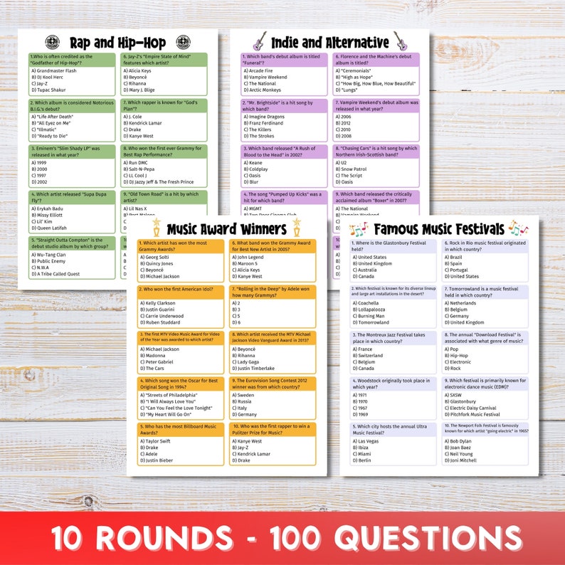 Music Trivia Quiz, Game Night, Bar Quiz, Family Games, 100 Questions, Printable Instant Download