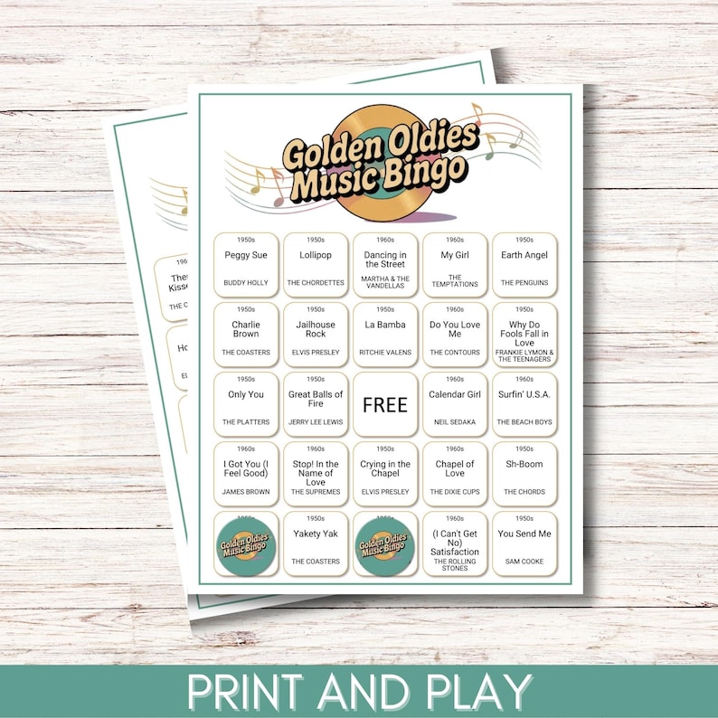 Golden Oldies Music Bingo – 50s and 60s Songs Game, Printable Music Bingo Cards, Retro Family Fun, Senior Center Party Game