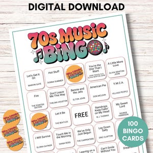 Bingo musical de los 70: 100 tarjetas imprimibles. Divertida actividad para fiestas con lista de reproducción de Spotify. Descarga instantánea para eventos de temática retro.