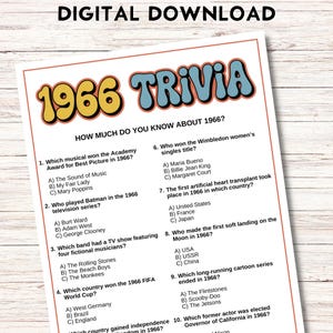 May include: A digital download trivia game about 1966. The title "1966 Trivia" is in retro orange and blue lettering. The trivia questions cover music, television, sports, and historical events from 1966.