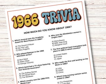 1966 Trivia Game, 60th Birthday Party Activities, Printable Fun Facts, Instant Download