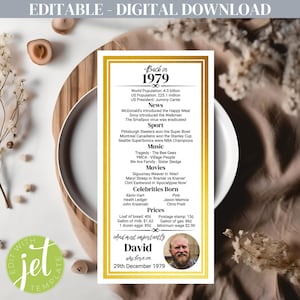 Marque-places pour 46e anniversaire avec photo, modèle imprimable modifiable des États-Unis de 1979, cartes de table personnalisables pour une célébration, un dîner