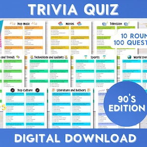 90's Trivia Quiz, Game Night, Bar Quiz, 1990's Family Games, Nineties ...