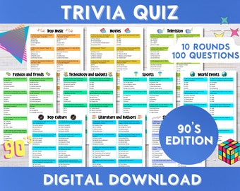 90's Trivia Quiz, Game Night, Bar Quiz, 1990's Family Games, Nineties, 100 Questions, Printable Instant Download