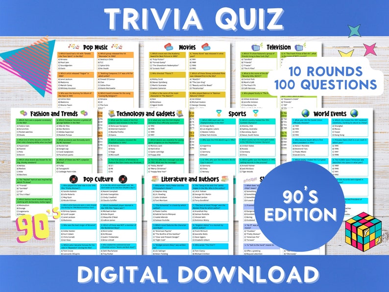 90's Trivia Quiz, Game Night, Bar Quiz, 1990's Family Games, Nineties, 100 Questions, Printable Instant Download