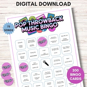 May include: A digital download Pop Throwback Music Bingo game sheet featuring 75 songs, 200 bingo cards, and colorful cassette tape graphics. The grid contains song titles and artist names, with a microphone icon and circular game markers.