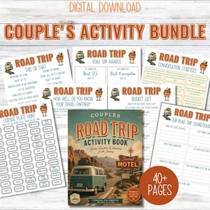 May include: A digital download of a Couple's Road Trip Activity Bundle. The bundle includes a variety of games, conversation starters, and a bucket list. The cover of the activity book features a vintage van parked in front of a motel. The bundle includes over 40 pages.