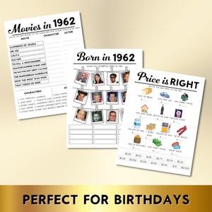 62nd Birthday Party Games, Born in 1962, Printable 10 Game Bundle, Instant Download, Bingo, Price Is Right, Music, Trivia, Guest Book image 4