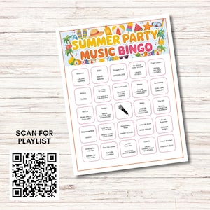 Puede incluir: Una hoja de juego de bingo Summer Party Music con un dise&ntilde;o colorido con ilustraciones de tem&aacute;tica veraniega. La tarjeta de bingo incluye t&iacute;tulos de canciones y nombres de artistas. Un c&oacute;digo QR para una lista de reproducci&oacute;n est&aacute; a la izquierda.