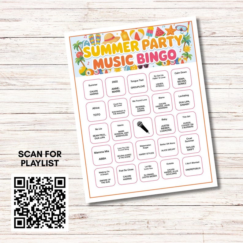 Puede incluir: Una hoja de juego de bingo Summer Party Music con un dise&ntilde;o colorido con ilustraciones de tem&aacute;tica veraniega. La tarjeta de bingo incluye t&iacute;tulos de canciones y nombres de artistas. Un c&oacute;digo QR para una lista de reproducci&oacute;n est&aacute; a la izquierda.