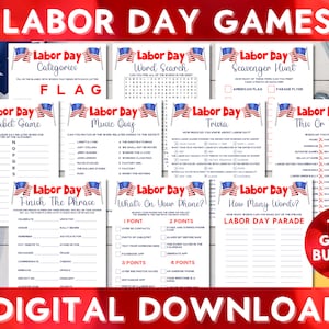 Labor Day Games Bundle, Printable, Trivia Quiz, Patriotic Party Game Night, Word Search, Categories, Scavenger Hunt,