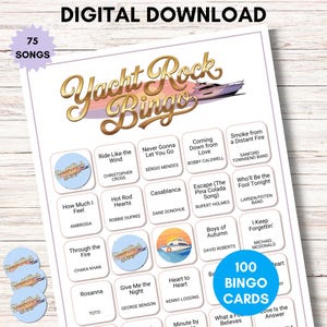 Op de afbeelding: Een digitale download van een Yacht Rock Bingo-spel. Het spel bevat 100 bingokaarten en 75 nummers. Het ontwerp bevat een jachtillustratie en songtitels zoals "Escape" en "Rosanna".