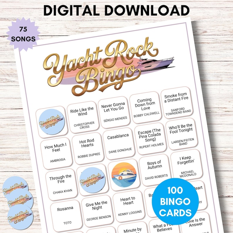 Op de afbeelding: Een digitale download van een Yacht Rock Bingo-spel. Het spel bevat 100 bingokaarten en 75 nummers. Het ontwerp bevat een jachtillustratie en songtitels zoals "Escape" en "Rosanna".