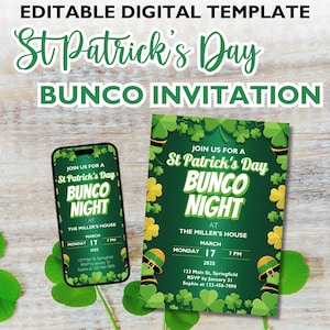 Convite Bunco do Dia de São Patrício, Modelo Editável, Irlandês, Convite em Vídeo, Download Instantâneo, Jogo de Festa Divertido