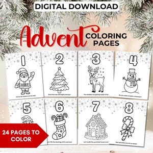May include: Digital download of Advent coloring pages. The pages feature numbered illustrations of Christmas-themed images, including Santa, a Christmas tree, a reindeer, a snowman, an elf, a stocking, a gingerbread house, and a candy cane. The text reads "24 pages to color."