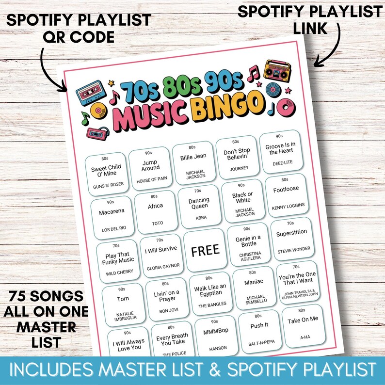 70s 80s 90s Music Bingo, Decades Bingo, Printable Game with 200 Bingo Cards, Spotify Playlist, Digital Download for Family Reunion or Party