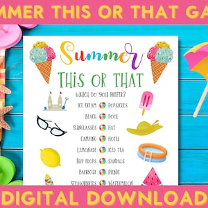 Summer This Or That Game, Printable Activity, Pool Party, Family Fun, End Of School Activities