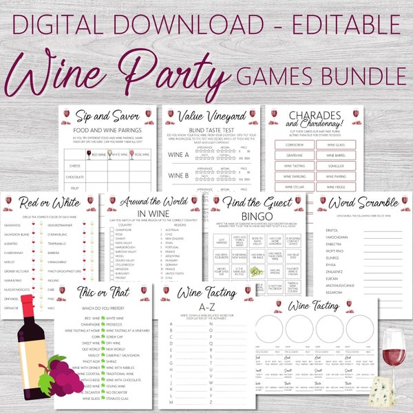 Wine Party Games, Girls Night Games, Wine Bingo, Winery Games, Wine Tasting, Instant Download, Bachelorette Party Game, Rating Sheet