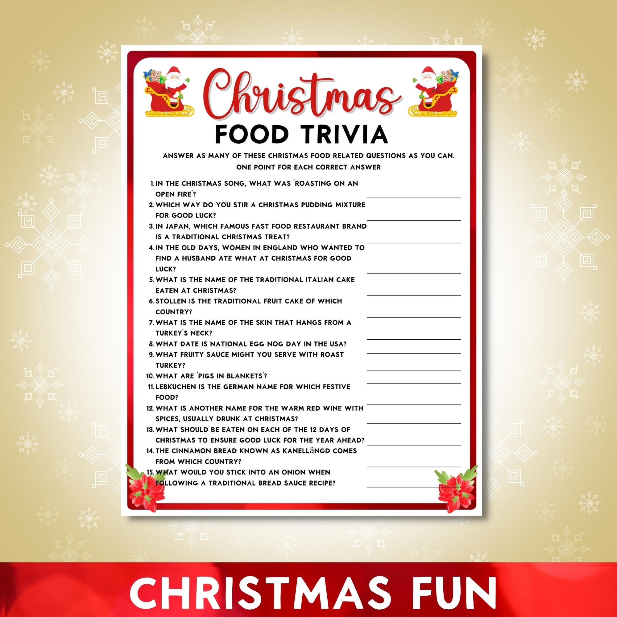 christmas food trivia quiz, printable game, digital download