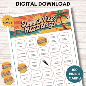 Pode incluir: Um download digital de um jogo de bingo musical Summer Vibes. A cartela de bingo apresenta um design colorido com uma palmeira, notas musicais e o texto "Summer Vibes Music Bingo". Inclui 75 m&uacute;sicas e 100 cartelas de bingo.