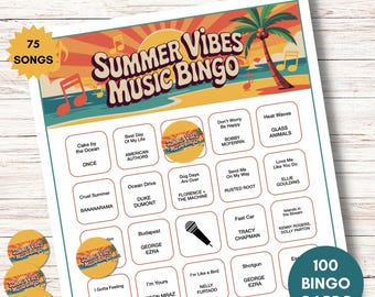 Summer Vibes Music Bingo – Printable Game with 100 Bingo Cards