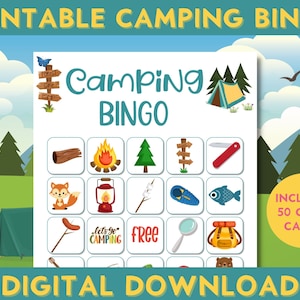 Jogo de bingo para impressão de festa de acampamento, festa do pijama de verão, 50 cartas, diversão para a família, atividades de fim de escola