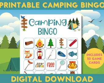 Camping Party Printable Bingo Game, Summer Camping Sleepover, 50 Cards, Family Fun, End Of School Activities