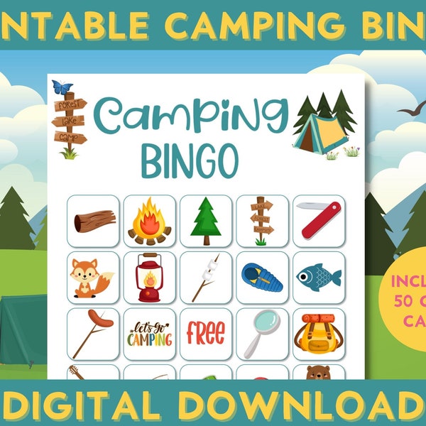 Camping Party Printable Bingo Game, Summer Camping Sleepover, 50 Cards, Family Fun, End Of School Activities
